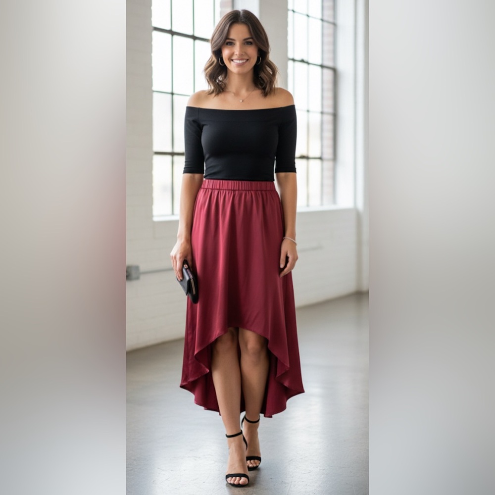 Women’s Sexy Red Satin Look High-Low Skirt Sz Med